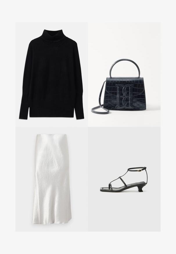 Črni turtleneck pulover iz mehke tkanine, z rebrastimi detajli ob ovratniku in manšetah, sproščenim krojem in stranskimi razporki.; Bela satenska midi krila s subtilno gubano teksturo, rahlo razširjenim krojem in gladkim finišem, ki ima skrit pas.; Črne usnjene sandale s kvadratnim prstom, tankimi trakovi, nastavljivim trakom okoli gležnja in nizko peto. Imajo majhen zlat akcent na traku.; Črna ročno vsebovana torbica iz usnja z reliéfom krokodila, z oblikovanim dizajnom, zgornjo ročajem, prilagodljivo zanko in izstopajočim logotipom spredaj.