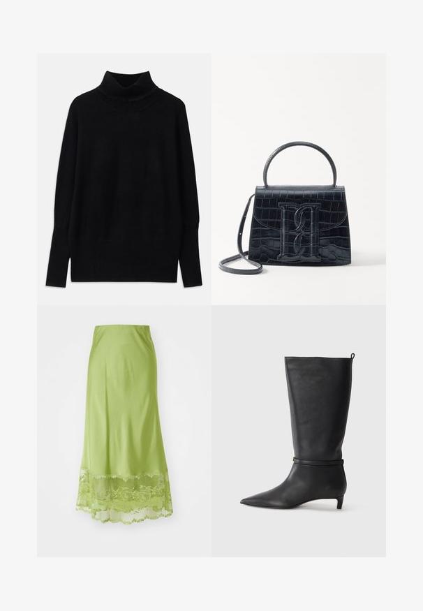 Maglione a collo alto nero realizzato in tessuto morbido, con dettagli a coste sul colletto e sui polsini, dalla vestibilità rilassata e con spacchi laterali.; Gonna lunga di colore verde lime realizzata in tessuto liscio. Presenta un bordo in pizzo all'orlo, con motivi floreali ricamati nello stesso colore.; Stivale in pelle nera alta fino al ginocchio con punta affusolata, adornato da una fascia circolare attorno alla caviglia e un tacco basso e conico. Texture liscia.; Borsa in pelle nera con incisione a forma di coccodrillo, dal design strutturato, dotata di manico superiore, tracolla regolabile e un evidente dettaglio logo frontale.