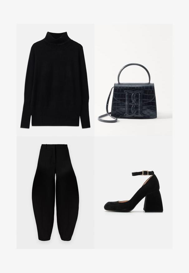 Fekete garbó pulóver puha anyagból, bordás részletekkel a gallérnál és az ujjak végén, laza fazonnal és oldalsó sliccekkel.; Fekete, bő szárú nadrág magas derékkal, pliszírozott elülső résszel és szűkített bokával. Simább anyagból készült, matt felülettel.; Fekete velúr blokk sarkú cipő boka pánttal, négyzet alakú fémbuckle-lal. Kerek orral és texturált felülettel.; Fekete krokodilbőr hatású kézitáska, amelynek strukturált kialakítása van, felső fogantyúval, állítható pánttal és egy kiemelkedő elülső logó részlettel.