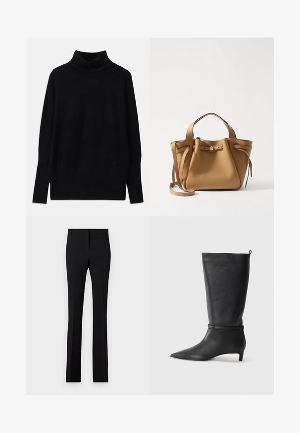 Maglione a collo alto nero realizzato in tessuto morbido, con dettagli a coste sul colletto e sui polsini, dalla vestibilità rilassata e con spacchi laterali.; Pantaloni neri con una vestibilità sartoriale, gambe dritte e una trama liscia. Presentano una vita standard e una piega stirata sulla parte anteriore.; Stivale in pelle nera alta fino al ginocchio con punta affusolata, adornato da una fascia circolare attorno alla caviglia e un tacco basso e conico. Texture liscia.; Tory Burch ROMY PEBBLED SATCHEL - Borsa a mano - tiramisu