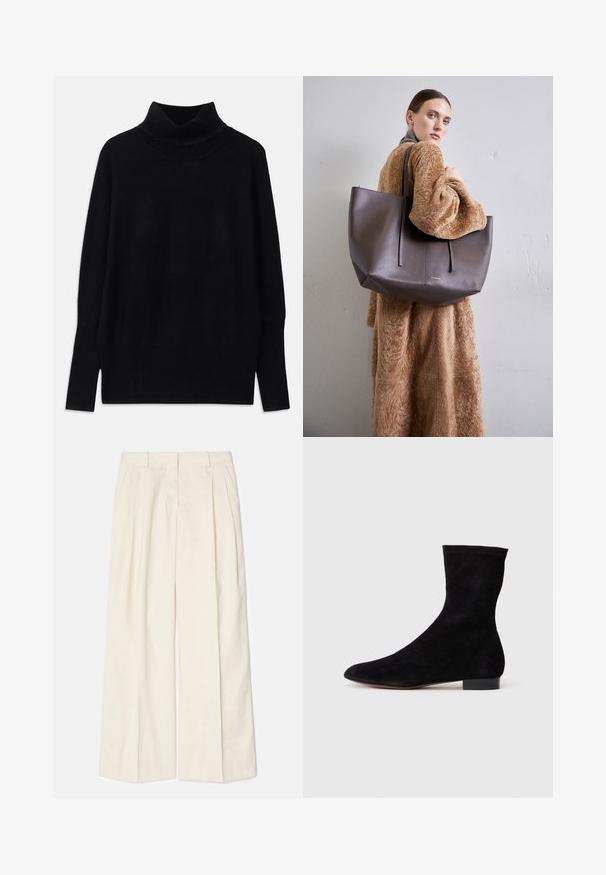 Schwarzer Rollkragenpullover aus weichem Stoff, mit gerippten Akzenten am Kragen und an den Bündchen, in lockerer Passform und mit seitlichen Schlitzen.; Weite Hosen aus einem weichen, hellen Creme-Stoff. Mit vorderen Falten, Gürtelschlaufen und einer glatten Textur. Maßgeschneiderter Schnitt mit klaren Kanten.; Schwarze Wildleder-Ankelboots mit einem enganliegenden Schaft, spitzer Zehenform und niedrigem Blockabsatz. Glatte Textur und minimalistisches Design, geeignet für vielseitige Styles.; Große, strukturierte, dunkelbraune Tragetasche mit zwei langen Griffen. Die Tasche hat ein minimalistisches Design und Zierstiche für zusätzliche Details.
