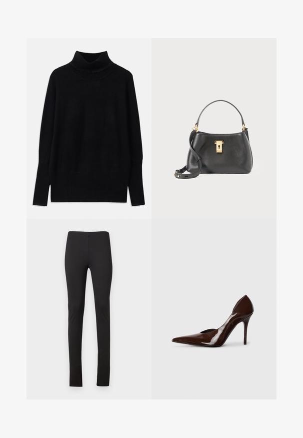 Fekete garbó pulóver puha anyagból, bordás részletekkel a gallérnál és az ujjak végén, laza fazonnal és oldalsó sliccekkel.; Fekete leggings rugalmas anyagból, testhez álló fazonnal és letisztult vonalakkal, zsebek vagy díszítések nélkül.; Barna lakkbőr magassarkú cipő, hegyes orral és kivágott oldalakkal, vékony sarkával és sima felületével.; Fekete bőr kézitáska texturált felülettel, arany záródással, rövid fogantyúval és levehető vállpánttal.