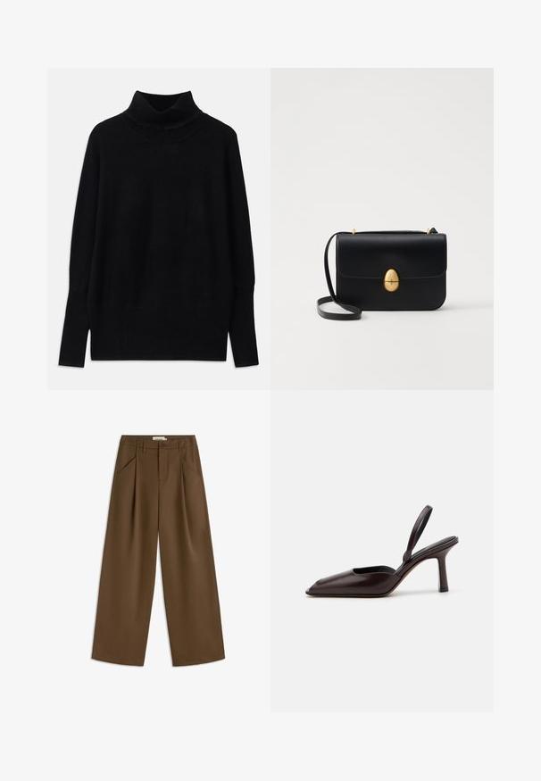 Maglione a collo alto nero realizzato in tessuto morbido, con dettagli a coste sul colletto e sui polsini, dalla vestibilità rilassata e con spacchi laterali.; Pantaloni larghi marroni con vita alta, dotati di due pieghe frontali, tasche laterali e un'unica chiusura con bottone. Tessuto liscio.; Décolleté in vernice marrone, con punta affusolata e tacco alto e sottile. Caratterizzato da un design elegante e una superficie liscia.; Borsa a tracolla in pelle nera con forma rettangolare strutturata. Presenta una chiusura ovale dorata e una sottile tracolla. Texture liscia.
