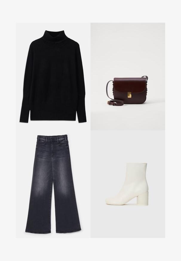 Zwarte coltrui gemaakt van zachte stof, met geribbelde accenten bij de kraag en manchetten, met een losse pasvorm en zijsplitten.; Mother THE HUSTLER ROLLER SNEAK - Wide leg - not today satan; Witte leren enkellaars met een ronde neus en een stevige cilindrische hak. Gladde textuur, minimalistisch design, geen zichtbare hardware of patronen.; Bruine leren tas met een klepsluiting, gouden accenten en een verstelbare schouderriem. Heeft een gladde textuur en een slanker rechthoekig ontwerp.