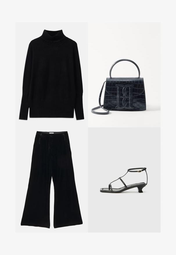 Fekete garbó pulóver puha anyagból, bordás részletekkel a gallérnál és az ujjak végén, laza fazonnal és oldalsó sliccekkel.; Fekete bársony, széles szárú nadrág, sima textúrával, fazont szabott derékpánttal és elülső zsebekkel, pliszírozott kialakítással.; Fekete bőr szandál, négyzet alakú orral, vékony pántokkal, állítható bokapánttal és alacsony sarokkal. A pánton egy kis arany dísz található.; Fekete krokodilbőr hatású kézitáska, amelynek strukturált kialakítása van, felső fogantyúval, állítható pánttal és egy kiemelkedő elülső logó részlettel.