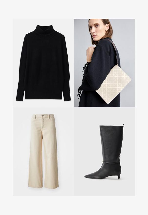 Pulôver de gola alta preto feito de tecido macio, com detalhes em canelado na gola e punhos, com um corte relaxado e fendas laterais.; Jeans largos beige feitos de denim, com cintura alta, fecho de botão, passantes para cinto e bolsos laterais. Textura suave e corte descontraído.; Bota preta de couro até ao joelho com bico fino, realçada por uma tira circular ao redor do tornozelo e um salto baixo e afunilado. Textura suave.; Bolsa de ombro bege com padrão e forma estruturada, apresentando uma alça texturizada castanha. Usada por um modelo contra um fundo cinza.