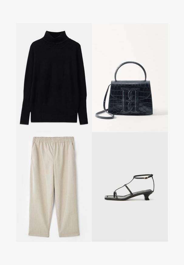 Black turtleneck sweater made of soft fabric, featuring ribbed accents at the collar and cuffs, with a relaxed fit and side slits.; Beige, lightweight pants made of textured fabric. Features an elastic waistband and side pockets, with a straight leg design.; Black leather sandal with a square toe, thin straps, adjustable ankle strap, and a low heel. Features a small gold accent on the strap.; Black crocodile-embossed leather handbag with a structured design, top handle, adjustable strap, and a prominent front logo detail.