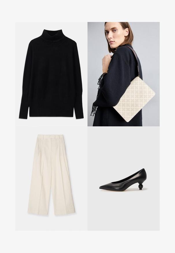 Zwarte coltrui gemaakt van zachte stof, met geribbelde accenten bij de kraag en manchetten, met een losse pasvorm en zijsplitten.; Brede broek van textuur in crèmekleurige stof. Heeft een hoge taille met plooien, riemlussen en een schone, minimalistische ontwerpen.; Zwarte leren hoge hak schoen met een spitse neus en een ronde, bolle hak. Gladde textuur met een elegant, minimalistisch ontwerp.; Beige schoudertas met patroon en een gestructureerde vorm, voorzien van een bruine, gemeleerde schouderriem. Draagt door een model tegen een grijze achtergrond.
