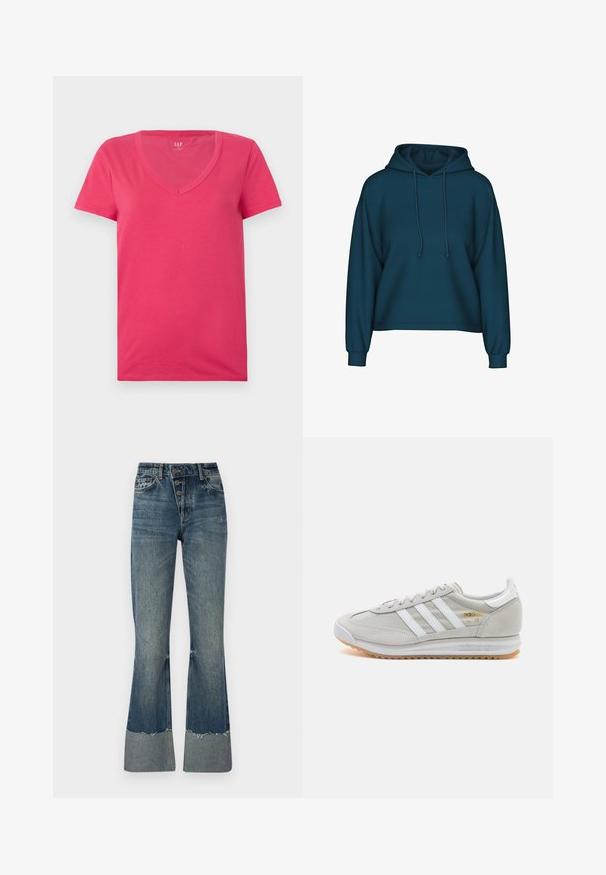 Turkizni pulover s kapuco in vrvico, dolgimi rokavi in ribastimi manšetami. Narejen iz mehkega blaga s sproščenim krojem.; Roza bombažna majica s kratkimi rokavi in V-izrezom. Mehka tekstura, prilegajoč dizajn in brez vidnih vzorcev ali akcentov.; Jeans iz denima s širšimi hlačnicami v srednje modri barvi, z visokim pasom, petimi gumbi in strganim robom. Imajo lažji manšeti na dnu in zbledel videz.; Svetlo sivi tenisice od antilopa i mrežaste tkanine, s tri bijele pruge, okruglim vrhom i gumenim potplatom. Zlatni logo akcent blizu vezica.
