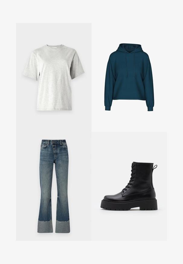 Teal pullover hoodie with a drawstring hood, long sleeves, and ribbed cuffs. Made of soft fabric with a relaxed fit.; Gray short-sleeve t-shirt made from soft, lightweight fabric. Features a round neckline and subtle branding at the chest. Casual fit.; Denim flared jeans in medium blue with a high waist, five buttons, and frayed hem. Features a lighter cuff at the bottom and faded texture.; Black leather ankle boots with a round toe, lace-up front, and a thick rubber sole featuring a textured tread. Pull tab at the back.