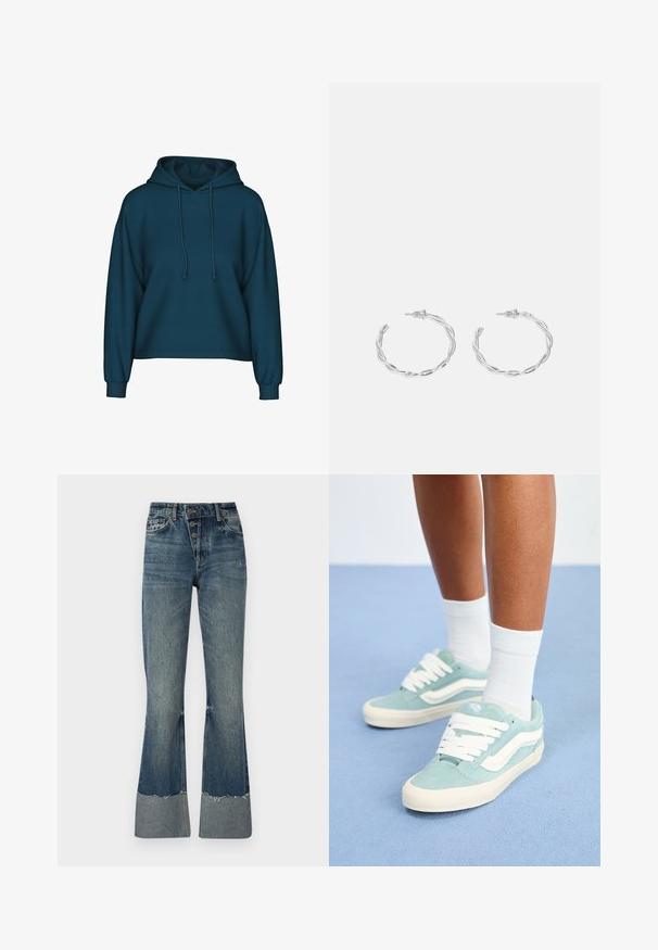 Teal pullover hoodie with a drawstring hood, long sleeves, and ribbed cuffs. Made of soft fabric with a relaxed fit.; Denim flared jeans in medium blue with a high waist, five buttons, and frayed hem. Features a lighter cuff at the bottom and faded texture.; Light blue suede sneakers with white accents and laces. Rounded toe with a textured upper. Worn with white ankle socks on a blue surface.; Silver hoop earrings with a twisted design, featuring a polished finish and post-back closure. Measure approximately 3 cm in diameter.