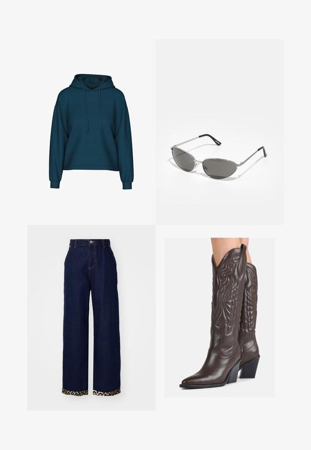 Hanorac teal cu glugă ajustabilă, mâneci lungi și manșete ribbate. Fabricat dintr-un material moale, cu o croială lejeră.; Pantaloni din denim lățiți, de culoare albastru închis, cu o margine cu imprimeu leopard la tiv, având talie înaltă și un design clasic cu cinci buzunare.; Bocanci de cowboy din piele maro, cu vârf ascuțit și toc pătrat, având cusături detaliate și accente ridicate pe tijă.; Ochelari de soare cu un cadru metalic argintiu, lentile nuanțate de gri și un design aerodinamic, cu colțuri ascuțite și brațe subțiri.; Cercei din argint cu un design torsadat, având un finisaj lucios și închidere cu tijă. Au un diametru de aproximativ 3 cm.