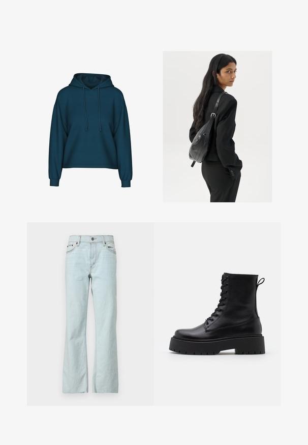 Türkiis pulloveri kapuutsiga, pika varrukaga ja soonikkoes. Valmistatud pehmest kangast ja laiemast lõikest.; Heledad sinine denimist teksad, laia lõikega, nööpidega kinnitamisega, viie taskuga disain ja peened pleekimise detailid kangal. Puhtad, minimalistlikud õmblused.; Mustad mustad nahast pahkluu saapad ümarate varvastega, nööridega esiosas ja paksu kummist talla ning tekstuuritud mustriga. Tagumine tõmbeaas.; Pikkade tumehaired naine mustas ülikonnas, kandes musta nahast õlakotti, vaatab üle õla valge tausta taustal.