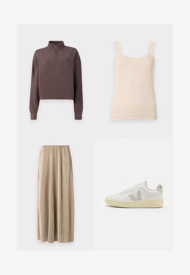 Kuttet, langermet genser i mørk mauve ribbetrikot med hel glidelås og en liten merkevarelogo på brystet. Myk tekstur.; Beige ribbet tank topp med tynne stropper og rund hals. Har en sydd logo på forsiden. Glatt tekstur, tettsittende design.; Plisseret beige midi skjørt med elastisk midje, med vertikale striper og en flytende silhuett for enkel bevegelse.; Hvite lær sneakers med beige semsket detaljer, perforert tåboks, flate lisser og en teksturert kremfarget såle. Har subtil branding på hælen.
