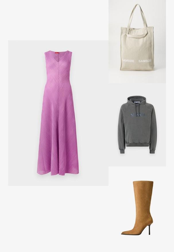 Šedá mikina s kapucňou a uvoľneným strihom. Obsahuje kapucňu s nastaviteľnými šnúrkami, rebrované manžety a vyšívané logo v modrej farbe na prednej strane.; Bezrukávové šaty s výstrihom do V v svetlofialovej farbe, s diagonálnymi skladmi, splývavým strihom a hladkou textúrou.; Kožené čižmy po kolená v camel farbe s špicatou špičkou a tenkým vysokým podpätkom. Hladká textura a elegantný silueta s minimálnym detailovaním.; Plátená taška v svetložltej farbe s dvojitými uchami, s bielym potlačeným logom "SAMSOE" na prednej strane. Obdĺžnikový tvar s jednoduchým dizajnom.
