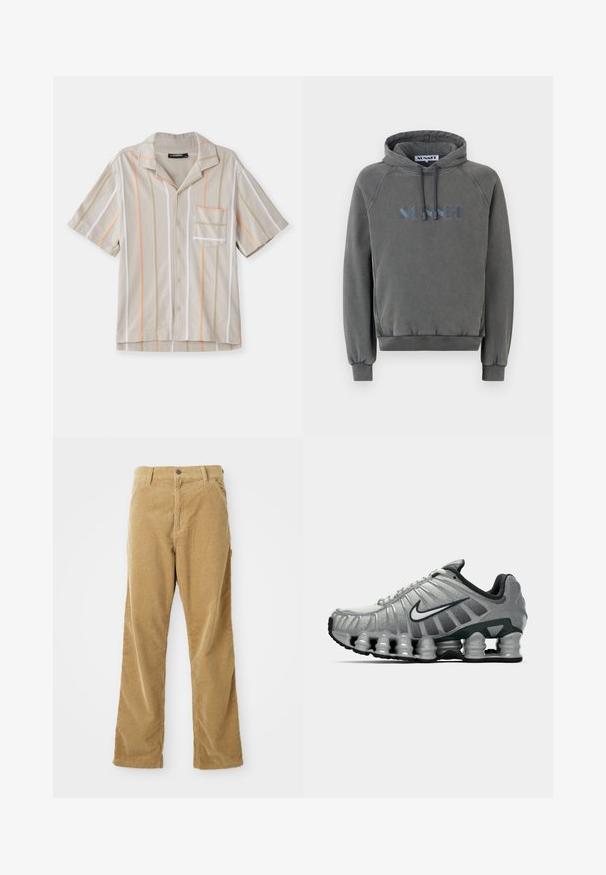 Siva kapuca s sproščenim krojem. Ima kapuco z vrvico, rebraste manšete in izvezeno modro logo na sprednji strani.; Kratke majice svetlo bež barve z vertikalnimi črtami v oranžni, zeleni in beli. Ima ovratnik in žep na prsih. Tkanina je teksturirana.; Tan kordurojske hlače s sprednjimi žepi, nastavki za pas, gumbom in ravnim krojem, položene na belo ozadje.; Sive in črno Nike tekaška čevelj s vidno vzmetno blaženje pod podplatom in belim logotipom swoosh na strani.