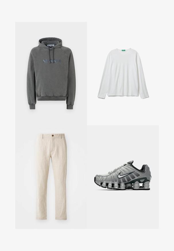 Gray hooded sweatshirt with a relaxed fit. Features a drawstring hood, ribbed cuffs, and an embroidered logo in blue on the front.; Plain white long-sleeve crewneck shirt with a green tag at the neckline, laid flat on a white background.; Beige linen trousers with a slim fit, featuring a single brown button closure, straight legs, and a textured fabric finish.; Grey and black Nike running shoe with visible spring-like cushioning under the sole and a white swoosh logo on the side.