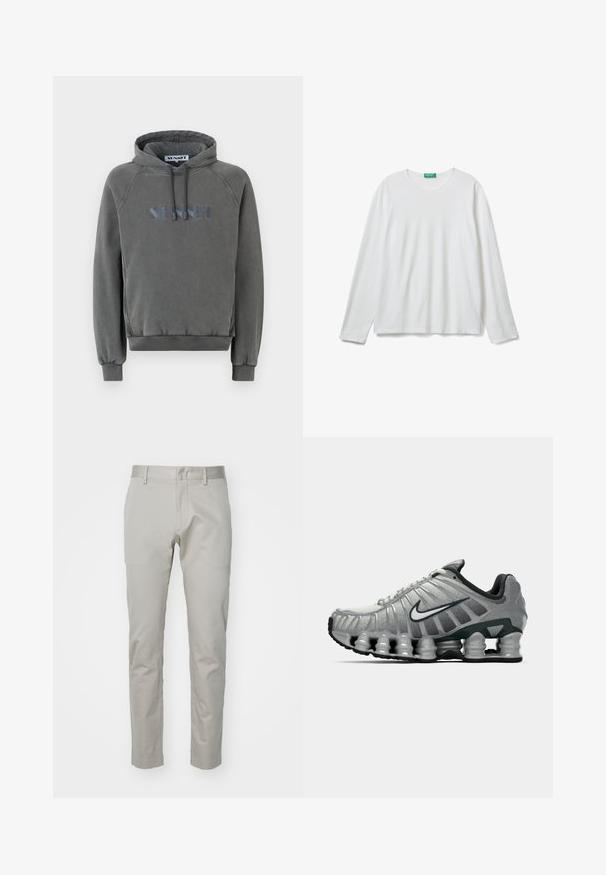 Grauer Kapuzenpullover mit lockerer Passform. Verfügt über eine verstellbare Kapuze, gerippte Bündchen und ein blaues gesticktes Logo auf der Vorderseite.; Ein schlichtes, weißes Langarm-T-Shirt mit Rundhalsausschnitt und einem grünen Etikett am Kragen, flach auf einem weißen Hintergrund ausgelegt.; Hellgraue Baumwollhose mit geradem Bein, flacher Vorderseite und ohne sichtbare Taschen oder Verzierungen. Glatte Textur, schlichte Ausführung.; Grauer und schwarzer Nike-Laufschuh mit sichtbarer federähnlicher Dämpfung unter der Sohle und einem weißen Swoosh-Logo an der Seite.