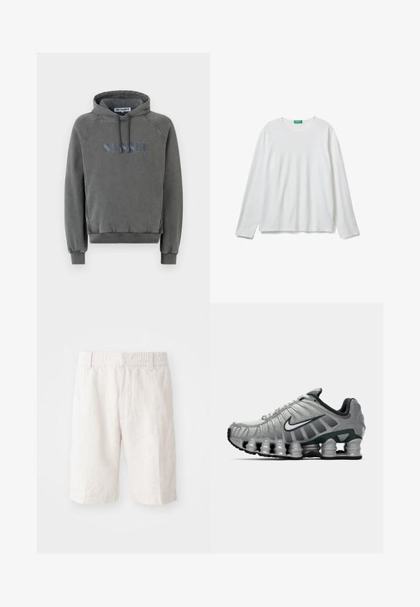 Gray hooded sweatshirt with a relaxed fit. Features a drawstring hood, ribbed cuffs, and an embroidered logo in blue on the front.; Plain white long-sleeve crewneck shirt with a green tag at the neckline, laid flat on a white background.; Linen shorts in light beige with an elastic waistband, side pockets, and a straight cut. Smooth texture with minimal visible stitching.; Grey and black Nike running shoe with visible spring-like cushioning under the sole and a white swoosh logo on the side.
