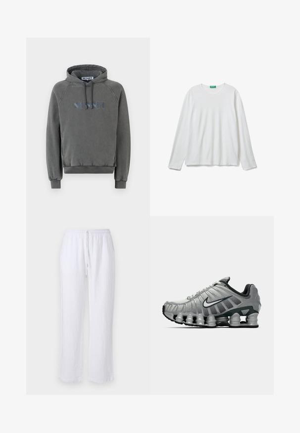 Grijze hoodie met een ontspannende pasvorm. Bevat een verstelbare capuchon, geribde manchetten en een geborduurd logo in het blauw aan de voorkant.; Effen witte lange mouwen crewneck shirt met een groene label bij de hals, plat gelegd op een witte achtergrond.; Witte linnen broek met een losse pasvorm, elastische tailleband en koordsluiting. Gladde textuur en recht model. Geen patronen of accenten.; Grijze en zwarte Nike hardloopschoen met zichtbare veerachtige demping onder de zool en een wit swoosh-logo aan de zijkant.