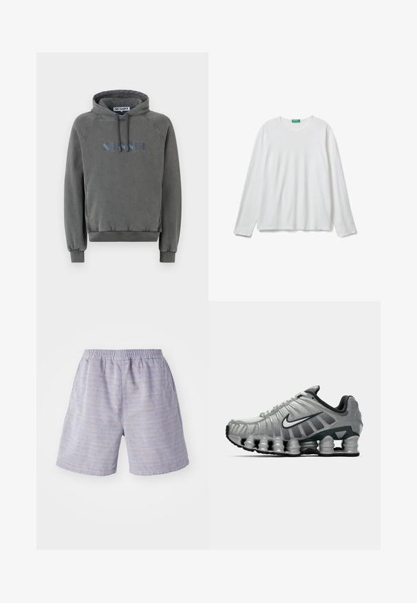 Sweatshirt à capuche gris avec une coupe décontractée. Présente une capuche avec cordon de serrage, des poignets côtelés et un logo brodé en bleu sur le devant.; T-shirt blanc à manches longues, col ras du cou, avec une étiquette verte au niveau du col, posé à plat sur un fond blanc.; Shorts rayés bleu clair avec une taille élastique, fabriqués à partir d'un tissu doux. Dispose de poches latérales et d'une coupe décontractée, idéales pour une tenue décontractée.; Chaussure de course Nike grise et noire avec un coussin de type ressort visible sous la semelle et un logo swoosh blanc sur le côté.