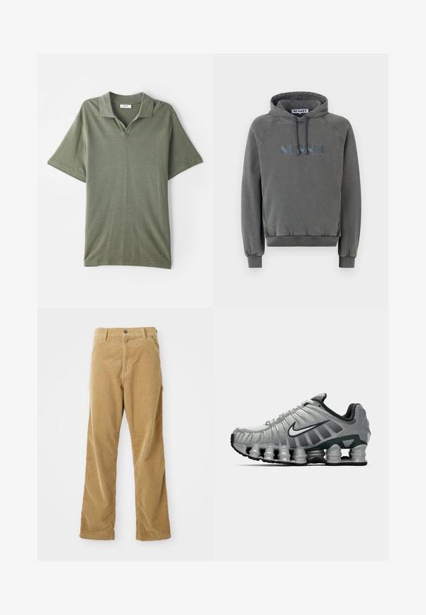 Pilkas gobtuvu džemperis su laisvu pritaikymu. Jame yra raištelių gobtuvas, kanalų pynimo rankogaliai ir siuvinėtas mėlynas logotipas priekyje.; Alyvuogių žalios spalvos trumpomis rankovėmis polo marškiniai su apykakle ir tekstūruotu audiniu. Yra V formos iškirptė ir laisvas siluetas.; Laimingos pūkinės kelnės su priekinėmis kišenėmis, diržo kilpos, sagos užsegimu ir tiesiu kirpimu, išdėstytais ant balto fono.; Pilkai juodas Nike bėgimo batas su matomu pavasario tipo amortizacija po padu ir baltu swoosh logotipu šone.
