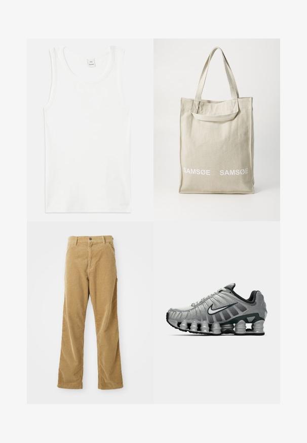 Grijze hoodie met een ontspannende pasvorm. Bevat een verstelbare capuchon, geribde manchetten en een geborduurd logo in het blauw aan de voorkant.; Witte katoenen tanktop met een ronde halslijn en mouwloos ontwerp. Glad textuur en rechte snit, zonder patronen of versieringen.; Tan corduroy broeken met voorkruiden, riemlussen, knoopsluiting en rechte pijpen, plat gelegd op een witte achtergrond.; Grijze en zwarte Nike hardloopschoen met zichtbare veerachtige demping onder de zool en een wit swoosh-logo aan de zijkant.; Canvas tote bag in lichtbeige met dubbele handvatten, voorzien van het "SAMSOE" logo in het wit gedrukt op de voorkant. Rechthoekige vorm met een eenvoudig ontwerp.