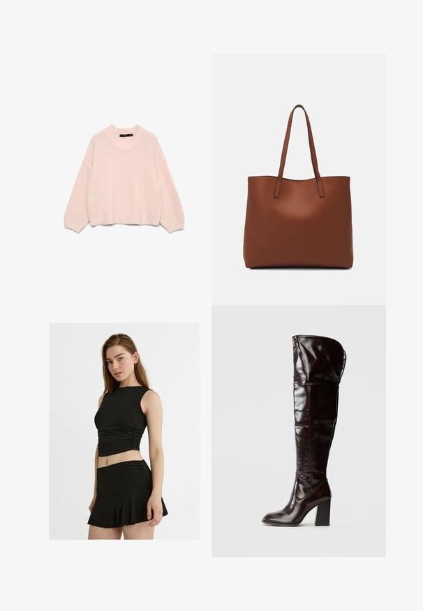 Helles rosa, kurz geschnittenes Sweatshirt mit langen Ärmeln, strukturierter Stoff, runder Halsausschnitt und geripptem Saum. Weicher, flauschiger Look.; Schwarz, zweiteiliges Outfit mit einem ärmellosen, cropped Top mit Raffung und einem ausgestellten Minirock, beides aus einem glatten, dehnbaren Stoff.; Kniehohe, glänzende Stiefel aus burgunderfarbenem Leder mit quadratischer Spitze und Blockabsatz, mit einem lässigen Design und minimalen Nähten.; Braune Leder-Tote mit glatter Textur, offenem Oberteil und zwei Schulterriemen. Verfügt über minimale Nähte und keine sichtbaren Beschläge.