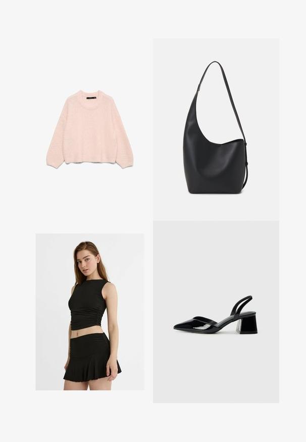 Jasnoróżowy sweter typu cropped z długimi rękawami, strukturalna tkanina, okrągły dekolt i prążkowane wykończenie. Miękki, puszysty wygląd.; Czarny dwuczęściowy komplet składający się z bezrękawowego, skróconego topu z marszczeniem oraz rozkloszowanej mini spódnicy, wykonany z gładkiego, elastycznego materiału.; Czarne lakierowane półbuty na obcasie z wydłużonym noskiem i geometrycznym słupkiem. Charakteryzują się eleganckim, minimalistycznym designem oraz gładką fakturą.; Czarna skórzana torba hobo o gładkiej fakturze, zaokrąglonym kształcie i pojedynczym, regulowanym pasku; posiada szerokie otwarcie na górze.