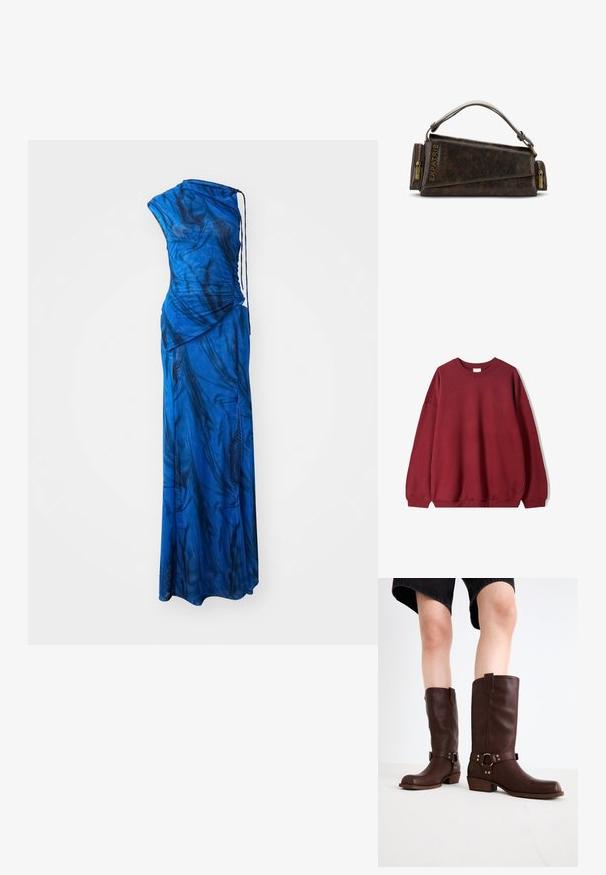 Bordová mikina s voľným strihom, s okrúhlym výstrihom a spustenými ramenami, vystavená na jednoduchom bielom pozadí.; Weekday MEL DRAPY DRESS - Maxi šaty - blue bright; Hnedé kožené vysoké čižmy s okrúhlou špičkou, štruktúrovaným povrchom, opaskom okolo členka a detailmi zo strieborného kovu; s vysokým podpätkom.; Hnedá kožená kabelka s geometrickým dizajnom, s hornou rúčkou a zlatými zipsovými detailami. Logo je vyrazené na strane.