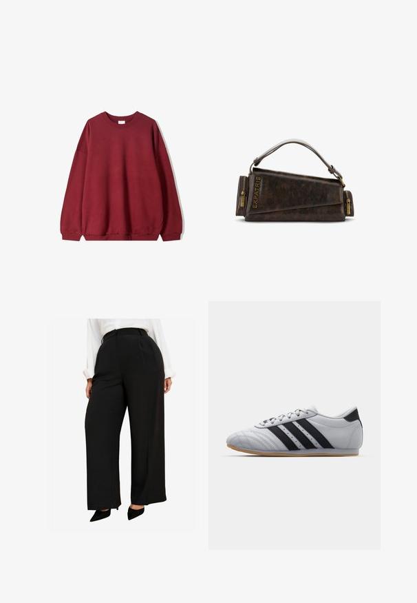 Bordová mikina s voľným strihom, s okrúhlym výstrihom a spustenými ramenami, vystavená na jednoduchom bielom pozadí.; Červená off-shoulder blúzka s volánovým vplatom okolo krku, viazacími ramienkami, skladanou textúrou a rozšírenými rukávmi. Ľahký saténový materiál.; Čierne široké nohavice s vysokým pásom, hladkým materiálom a hlbokými prednými záhybmi. V kombinácii s čiernymi špicatými topánkami.; Šedé atletické topánky s hladkým koženým povrchom, s tromi čiernymi pruhmi, okrúhlou špičkou a gumovou podrážkou.; Hnedá kožená kabelka s geometrickým dizajnom, s hornou rúčkou a zlatými zipsovými detailami. Logo je vyrazené na strane.