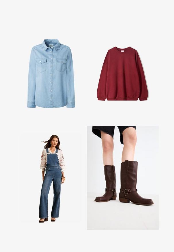 Burgundy sweatshirt with a relaxed fit, featuring a round neckline and dropped shoulders, displayed against a plain white background.; Light blue denim shirt with a classic collar, long sleeves, and two chest pockets. Features button front and sturdy stitching details.; Denim overalls with a scalloped design at the bib, flared legs, and side pockets. Paired with a white embroidered blouse and wooden accessories.; Brown leather knee-high boots with a rounded toe, textured surface, ankle strap, and silver hardware detail; stacked heel.