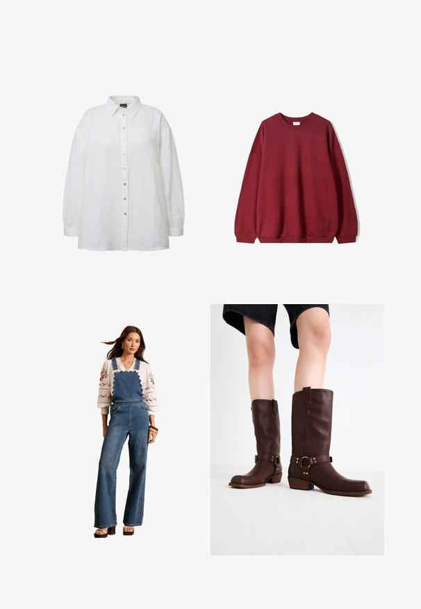 Bordeaux sweatshirt met een relaxte pasvorm, voorzien van een ronde halslijn en verlaagde schouders, weergegeven tegen een effen witte achtergrond.; Witte overhemden met een textuurstof, voorzien van een klassieke kraag, lange mouwen en parelachtige knopen aan de voorkant.; Denim tuinbroeken met een geschulpte rand aan de bib, flared benen en zijzakken. Gecombineerd met een witte geborduurde blouse en houten accessoires.; Bruine leren kniehoge laarzen met een ronde neus, gestructureerd oppervlak, enkelriem en zilveren hardware-detail; opgestapelde hak.