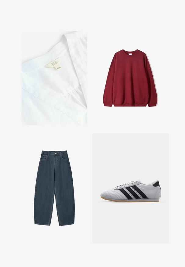 Bordeaux pulover s sproščenim krojem, s krožnim ovratnikom in spuštenimi rameni, prikazan na enobarvni beli podlagi.; Bela lanena srajca z obliko V-vratu, ki ima oznako "next 100 % LAN". Gladka tekstura, lahka tkanina, preprosti šivi.; Temno modri široki kavbojki z visokim pasom, z vključenih petimi žepi in vidnimi šivi. Čist, minimalističen dizajn.; Sive športne čevlje z gladko usnjeno površino, ki imajo tri črne črte, zaobljen nos in gumijast podplat v barvi gume.