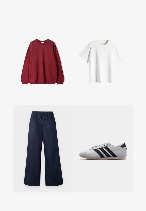 Burgundi színű, laza szabású pulóver, kerek nyakkivágással és lejjebb eső vállakkal, fehér háttér előtt bemutatva.; Fehér pamut póló kerek nyakkivágással, rövid ujjakkal és laza szabással. Sima textúra, minta vagy díszítés nélkül.; Sötét tengerészkék, bő szárú nadrág, amely rugalmas derékpánttal, sima textúrával rendelkezik, és nincs látható záródása vagy zsebe.; Szürke atlétikai cipők sima bőr felülettel, három fekete csíkkal, kerek orral és gumi talppal.