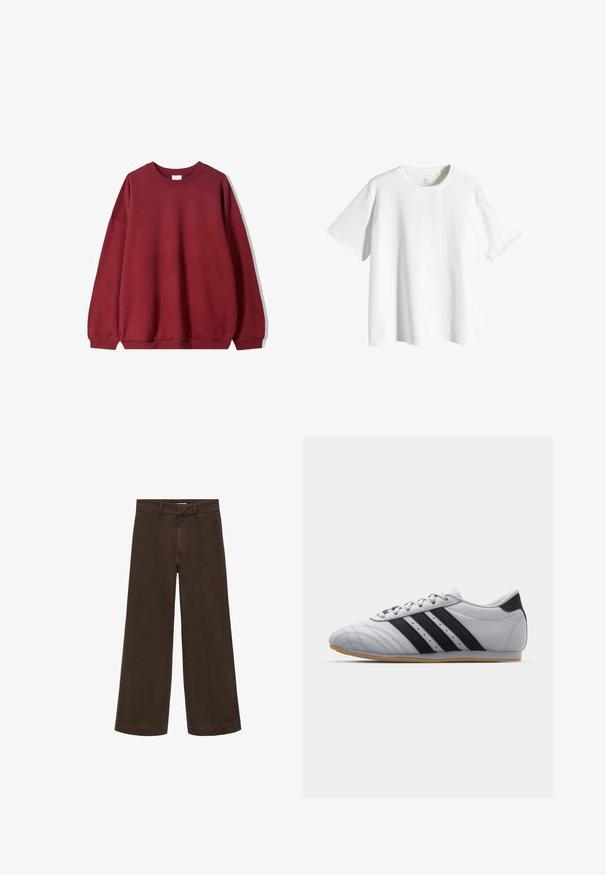Felpa bordeaux con una vestibilità rilassata, caratterizzata da un collo rotondo e spalle scese, esposta su uno sfondo bianco semplice.; T-shirt bianco in cotone con scollo rotondo, maniche corte e vestibilità rilassata. Tessuto liscio, senza motivi né accenti.; Pantaloni larghi marroni in tessuto di cotone. Presentano una vita alta, una chiusura a zip e dettagli di cucitura frontale discreti. Nessuna tasca visibile.; Scarpe da ginnastica grigie con una finitura in pelle liscia, dotate di tre strisce nere, punta arrotondata e suola in gomma color morte.