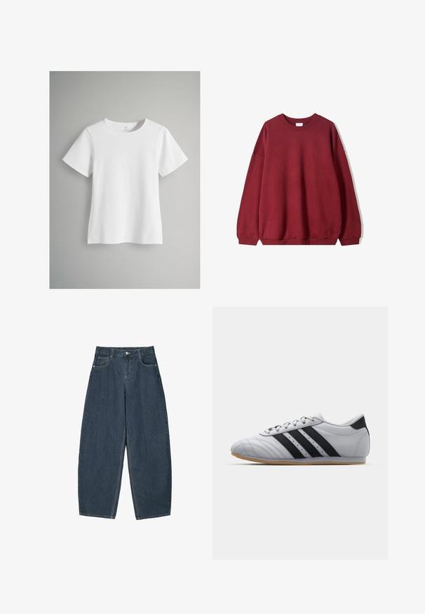 Burgundi színű, laza szabású pulóver, kerek nyakkivágással és lejjebb eső vállakkal, fehér háttér előtt bemutatva.; Fehér, rövid ujjú póló puha pamutból készült. Kerek nyakkivágással és egyenes szabással rendelkezik, minimális varrással és minták nélkül.; Sötétkék farmer széles szárú nadrág magas derékkal, öt zsebbel és látható varrási részletekkel. Tiszta, letisztult dizájn.; Szürke atlétikai cipők sima bőr felülettel, három fekete csíkkal, kerek orral és gumi talppal.