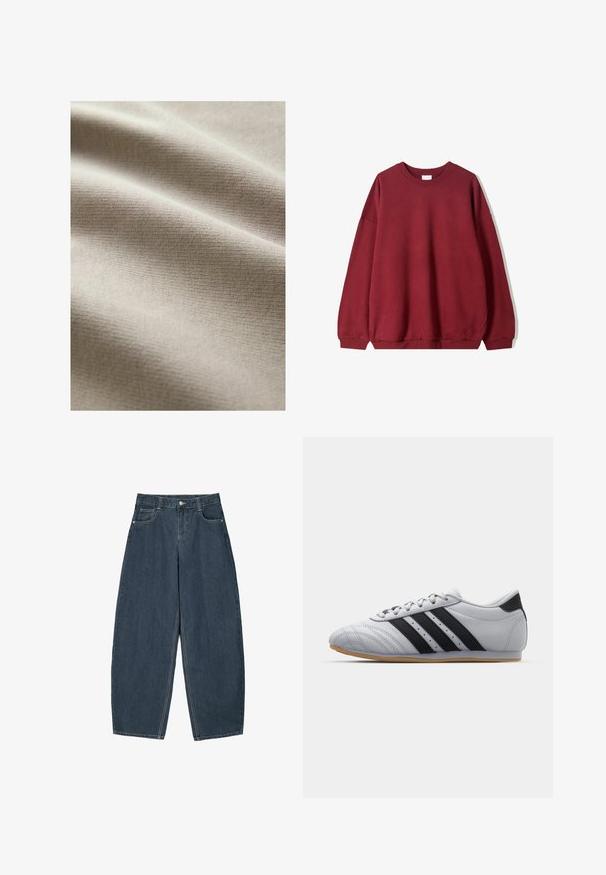 Bordeaux sweatshirt med en afslappet pasform, der har en rund halsudskæring og sænkede skuldre, præsenteret mod en helt hvid baggrund.; Beige stof med en glat, tekstureret overflade, der viser subtile vandrette linjer og rynker, hvilket indikerer blødhed og fleksibilitet.; Mørkeblå denim buede bukser med høj talje, som har fem lommer og synlige stingdetaljer. Ren, minimalistik design.; Grå atletik sko med en glat læderfinish, der har tre sorte striber, en rund tå og en sål af gummi.