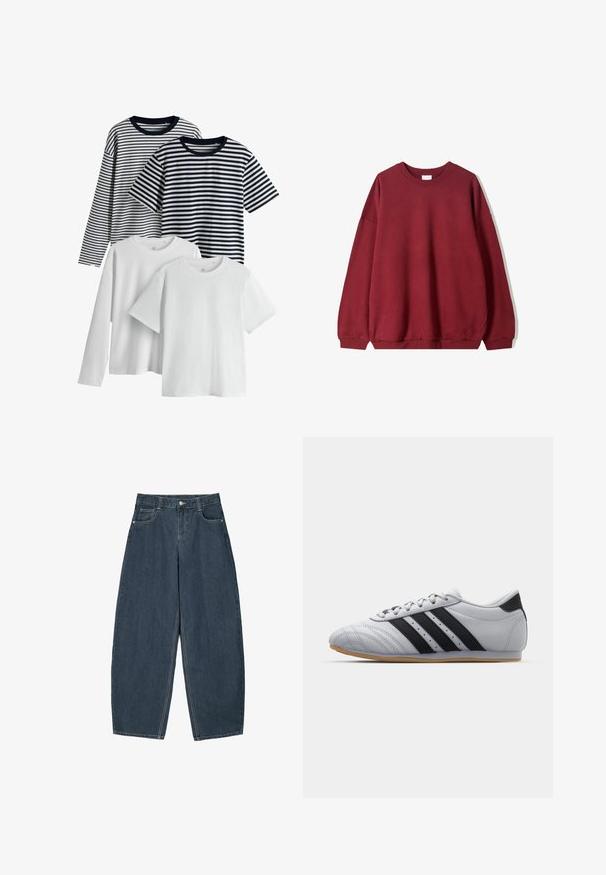 Bordo dukserica s opuštenim krojem, s okruglim izrezom i spuštenim ramenima, prikazana na jednostavnoj bijeloj pozadini.; Set od četiri majice: dvije bijele, jedna plava sa prugama i jedna crna sa prugama. Sve imaju kratke rukave i okrugle izreze, izrađene su od pamučne tkanine.; Tamno plave široke traperice s visokim strukom, koje imaju pet džepova i vidljive šavove. Čist, minimalistički dizajn.; Sive atletske cipele s glatkom kožnom završnom obradom, s tri crne pruge, zaobljenim prstom i potplatom od gume.