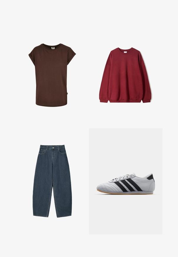 Burgundy sweatshirt with a relaxed fit, featuring a round neckline and dropped shoulders, displayed against a plain white background.; Brown cotton t-shirt with short rolled sleeves, circular neckline, and a loose fit. Features a small label on the side seam.; Dark blue denim wide-leg jeans with a high waist, featuring five pockets and visible stitching details. Clean, minimal design.; Gray athletic shoes with a smooth leather finish, featuring three black stripes, a rounded toe, and a gum rubber sole.