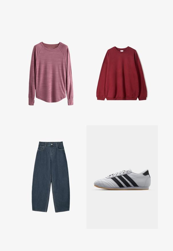 Bordeaux sweatshirt met een relaxte pasvorm, voorzien van een ronde halslijn en verlaagde schouders, weergegeven tegen een effen witte achtergrond.; Langarmtop in een gedempte roos kleur, gemaakt van textuurstof met een afgeronde zoom en raglanmouwen. Bevat lichtgewicht, ademend materiaal.; Donkerblauwe denim wijde broek met hoge taille, voorzien van vijf zakken en zichtbare stikseldetails. Schoon, minimaal ontwerp.; Grijze sportschoenen met een gladde leren afwerking, voorzien van drie zwarte strepen, een ronde neus en een zool van rubber met een gompositie.