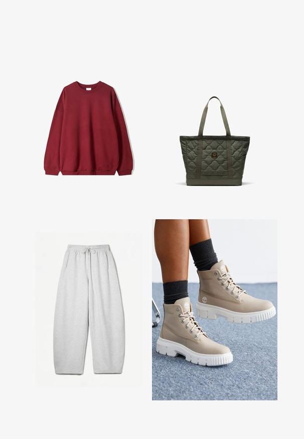 Burgundy sweatshirt med en avslappnad passform, med rund halsringning och sänkta axlar, visad mot en enfärgad vit bakgrund.; Ljusgrå sweatpants med avslappnad passform, elastiskt midjeband, dragsko och sidofickor; tillverkade av mjukt, texturerat tyg.; Beiga anklarstövlar i textil, med en vit kraftig sula, rund tå och metallöglor. Designade med logotypdetalj på sidan.; Quiltad toteväska i olivgrön, med två kraftiga tyghandtag, en framficka och ett strukturerat hexagonalt mönster.