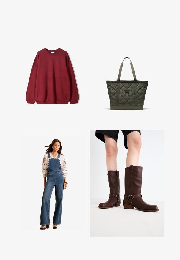 Felpa bordeaux con una vestibilità rilassata, caratterizzata da un collo rotondo e spalle scese, esposta su uno sfondo bianco semplice.; Salopette in denim con un design scallopato sul bavaglino, gambe svasate e tasche laterali. Abbinata a una blusa bianca ricamata e accessori in legno.; Stivali marroni in pelle al ginocchio con punta rotonda, superficie testurizzata, cinturino alla caviglia e dettagli in metallo argentato; tacco impilato.; Borsa a spalla trapuntata in verde oliva, con due robusti manici in tessuto, una tasca frontale e un motivo esagonale testurizzato.