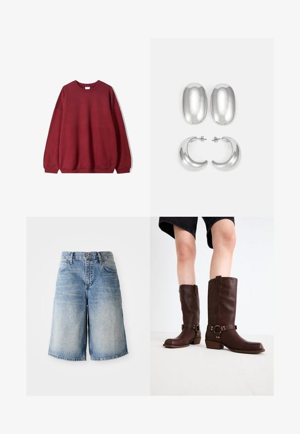 Bordo dukserica s opuštenim krojem, s okruglim izrezom i spuštenim ramenima, prikazana na jednostavnoj bijeloj pozadini.; Svijetloplave traper kratke hlače s opuštenim krojem, sa zatvaračem i gumbom, pet džepova i rubovima s pohabanim detaljima.; Smeđe kožne čizme do koljena s okruglim vrhom, teksturiranom površinom, remenom oko gležnja i detaljima od srebrnog hardvera; s naboranim potplatom.; Set srebrnih naušnica: dva ovalna studa i dva polumjesečasta obruča, s sjajnom, glatkom završnom obradom i zaobljenim dizajnom.