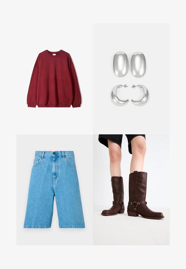Burgundy sweatshirt with a relaxed fit, featuring a round neckline and dropped shoulders, displayed against a plain white background.; Light blue denim shorts with a relaxed fit, featuring belt loops, a button closure, and front pockets. The fabric has a smooth texture.; Brown leather knee-high boots with a rounded toe, textured surface, ankle strap, and silver hardware detail; stacked heel.; Silver-colored earrings set: two oval studs and two crescent-shaped hoops, featuring a glossy, smooth finish and a rounded design.