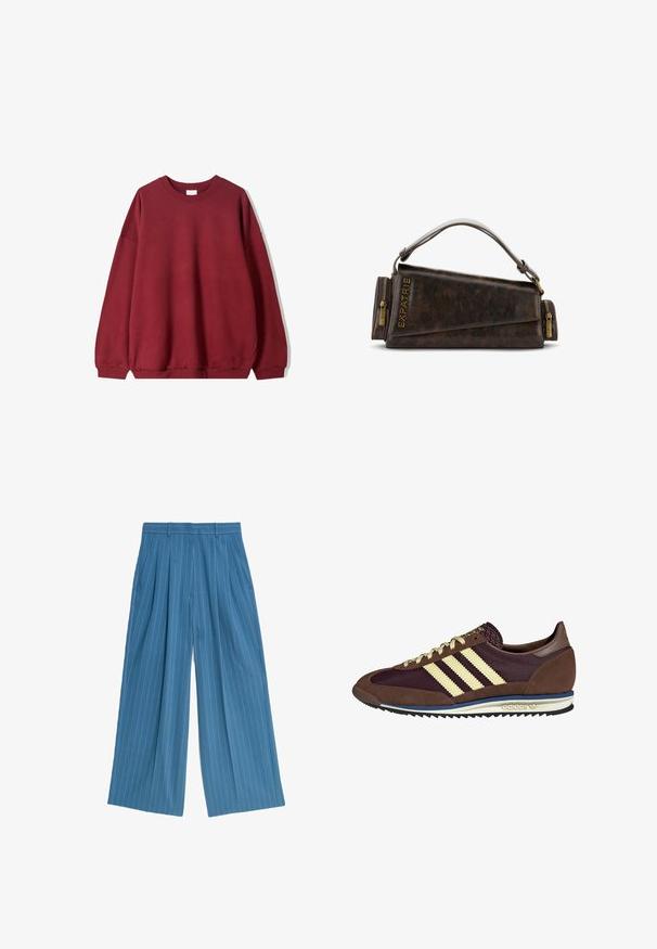 Felpa bordeaux con una vestibilità rilassata, caratterizzata da un collo rotondo e spalle scese, esposta su uno sfondo bianco semplice.; Pantaloni ampi blu con righe bianche verticali, dotati di pieghe frontali e tasche laterali, realizzati in tessuto morbido.; Sneaker marrone e bordeaux realizzato in materiali scamosciati e in rete, caratterizzato da tre strisce color crema, tessuto testurizzato sulla linguetta e suola in gomma.; Borsa a mano in pelle marrone con un design geometrico, caratterizzata da un manico superiore e dettagli in ottone sulla cerniera. Logo stampato a caldo sul lato.