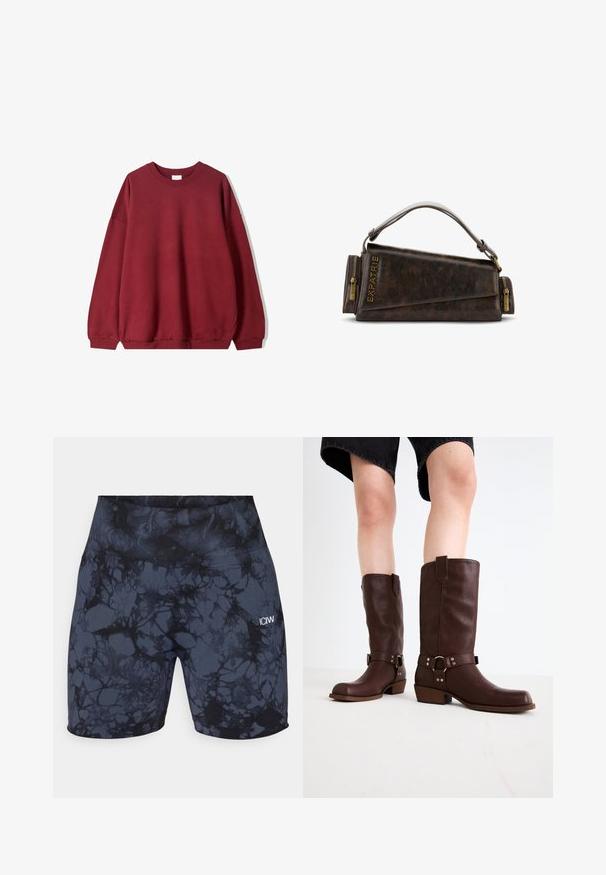 Hanorac burgund cu croială lejeră, cu guler rotund și umeri căzuți, expus pe un fundal alb simplu.; Șorturi atletice cu talie înaltă, negre și gri închis, cu un model marmorat. Fabricate dintr-un material elastic și neted, având un logo mic.; Cizme din piele maro, până la genunchi, cu vârf rotunjit, suprafață texturată, curea la gleznă și detalii din metal argintiu; toc înălțat.; Geantă din piele maro cu un design geometric, având un mâner superior și accente din alamă la fermoar. Logo-ul este embosat pe lateral.