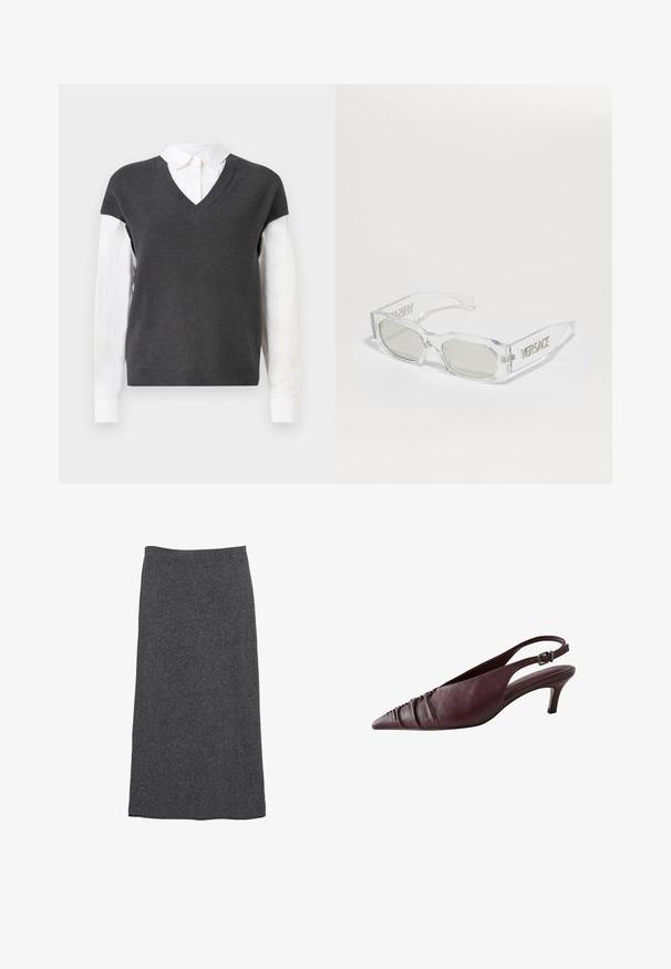 Maglione grigio scuro lavorato a maglia con scollatura a V, caratterizzato da maniche corte sopra una camicia bianca con colletto. La texture è a coste, con un aspetto stratificato.; Gonna maxi in lana grigia con taglio dritto e vita elastica, caratterizzata da una texture morbida e da una finitura liscia. Nessun motivo o accentuazione visibili.; Scarpe slingback in pelle bordeaux con punta affusolata, caratterizzate da una texture plissettata nella parte anteriore e un tacco sottile e strutturato. Cinturino regolabile.; Occhiali da sole trasparenti in plastica con lenti grigie, forma rettangolare, logo "Versace" in rilievo sulle astine, che mostrano un design moderno.