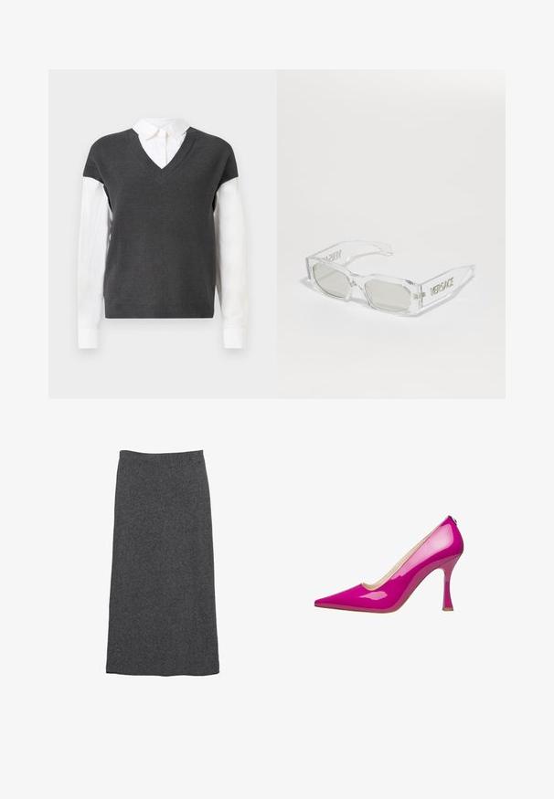 Dark gray knitted sweater with a V-neck design, featuring short sleeves over a white collared shirt. Texture is ribbed, with a layered look.; Grey wool maxi skirt with a straight cut and elastic waistband, featuring a soft texture and a smooth finish. No visible patterns or accents.; Pink patent leather high heel shoe with a pointed toe and a slender stiletto heel. Smooth texture with a shiny finish.; Clear plastic sunglasses with gray lenses, rectangular shape, embossed "Versace" logo on the temples, showcasing a modern design.