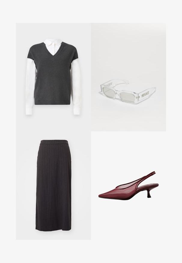 Pulover tricotat gri închis cu decolteu în V, cu mâneci scurte, purtat peste o cămașă albă cu guler. Textura este în relief, cu un aspect stratificat.; Fustă midi cu dungi negre, având o siluetă dreaptă, cu o textură fină și o talie în partea de sus. Include detalii cu fante laterale.; Pumpinguri burgundy cu spate descoperit, cu vârf ascuțit și partea superioară din plasă. Au un toc subțire și un design decupat, oferind o siluetă elegantă.; Ochelari de soare din plastic transparent cu lentile gri, formă rectangulară, logo-ul „Versace” embosat pe brate, evidențiind un design modern.